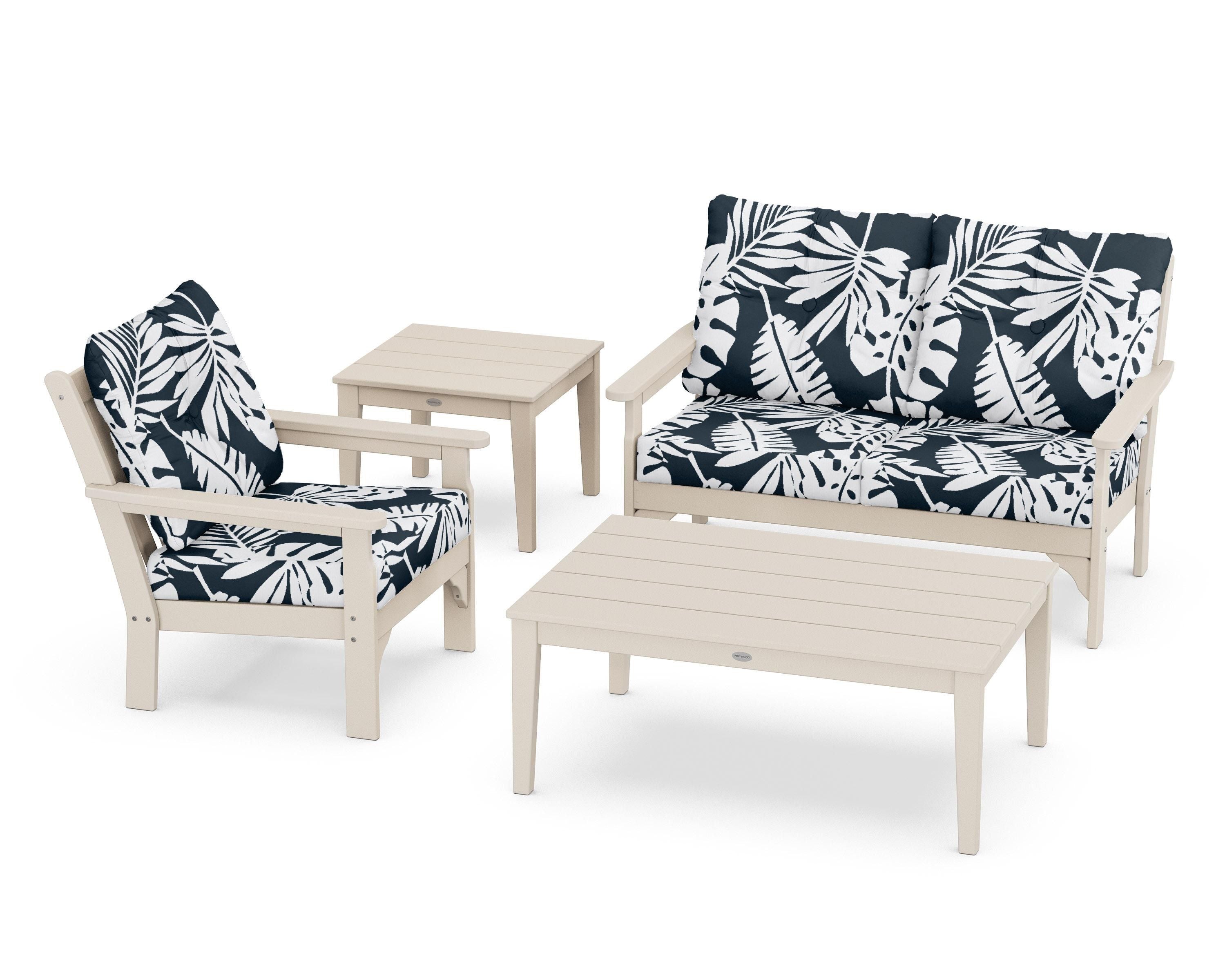 POLYWOOD® Vineyard 4-Piece Deep Seating Set in Sand / Leaf Marine Indigo