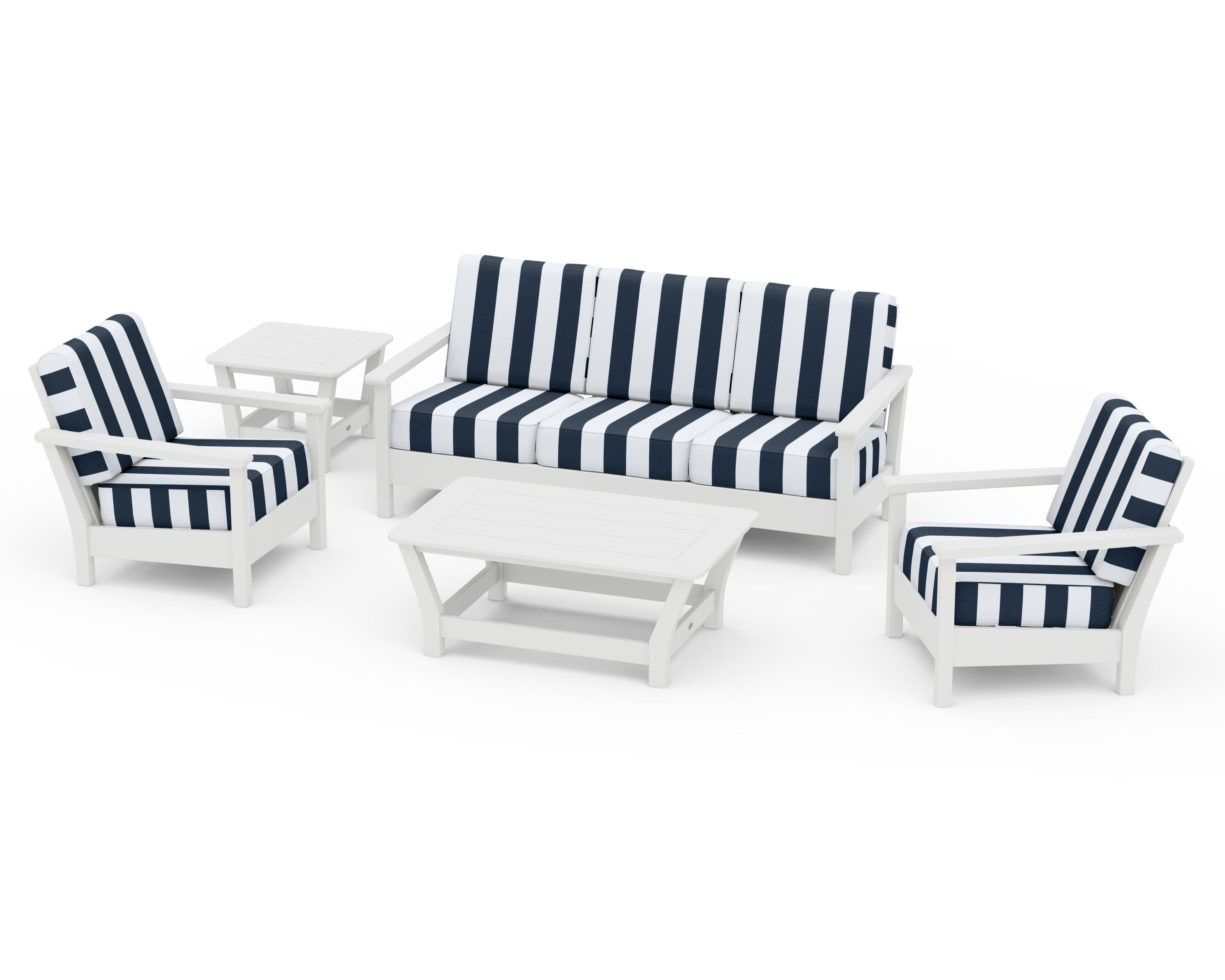 POLYWOOD® Harbour 5-Piece Deep Seating Set in White / Cabana Stripe Marine Indigo