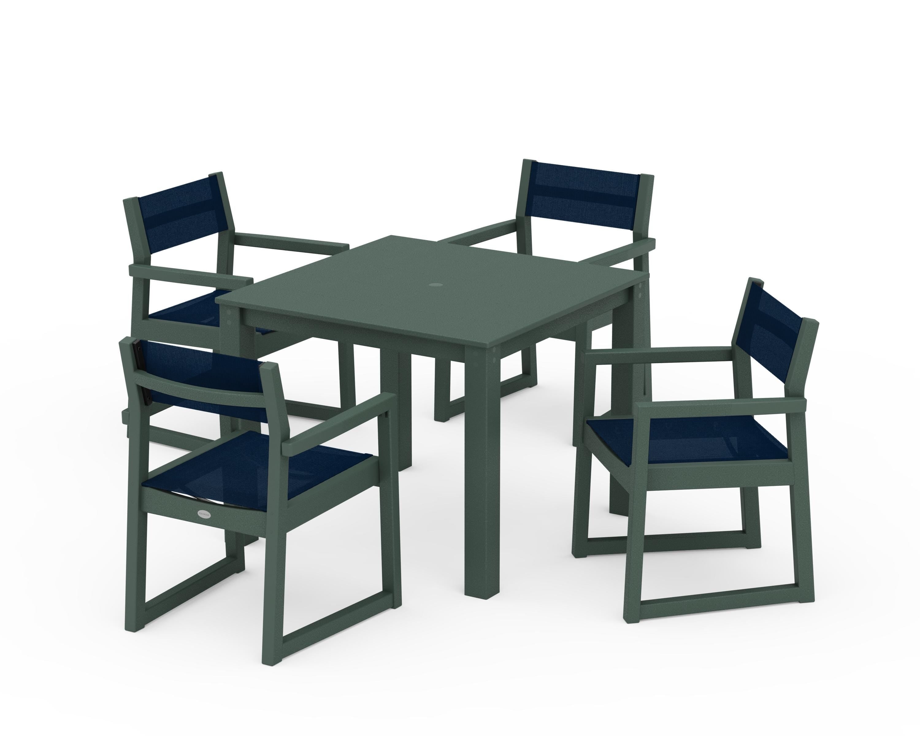 POLYWOOD® EDGE Sling Arm Chair 5-Piece Parsons Dining Set in Green / Navy Blue Sling