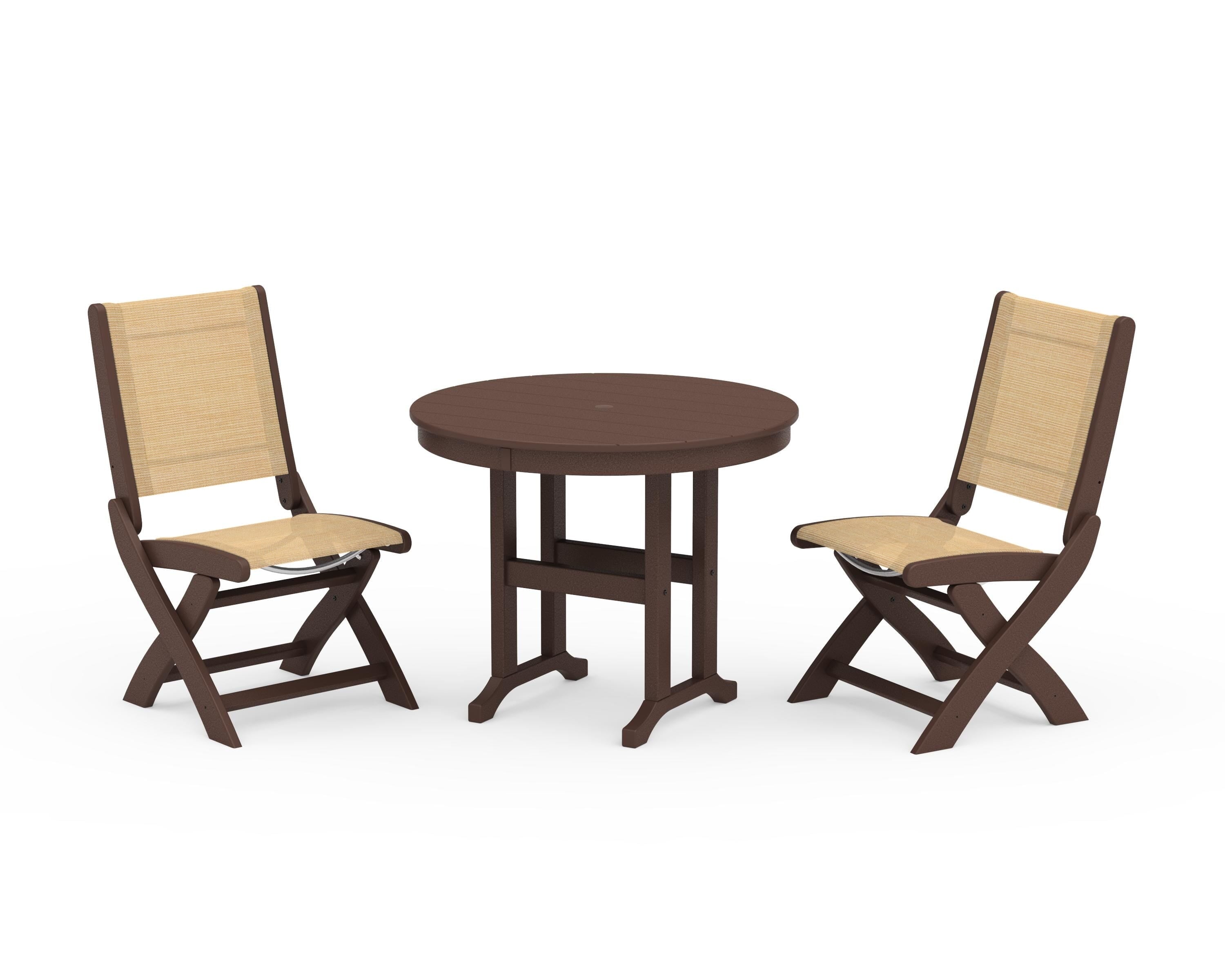 POLYWOOD® Coastal Folding Side Chair 3-Piece Round Dining Set in Mahogany / Dupioni Apricot Sling