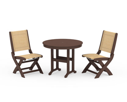 POLYWOOD® Coastal Folding Side Chair 3-Piece Round Dining Set in Mahogany / Dupioni Apricot Sling