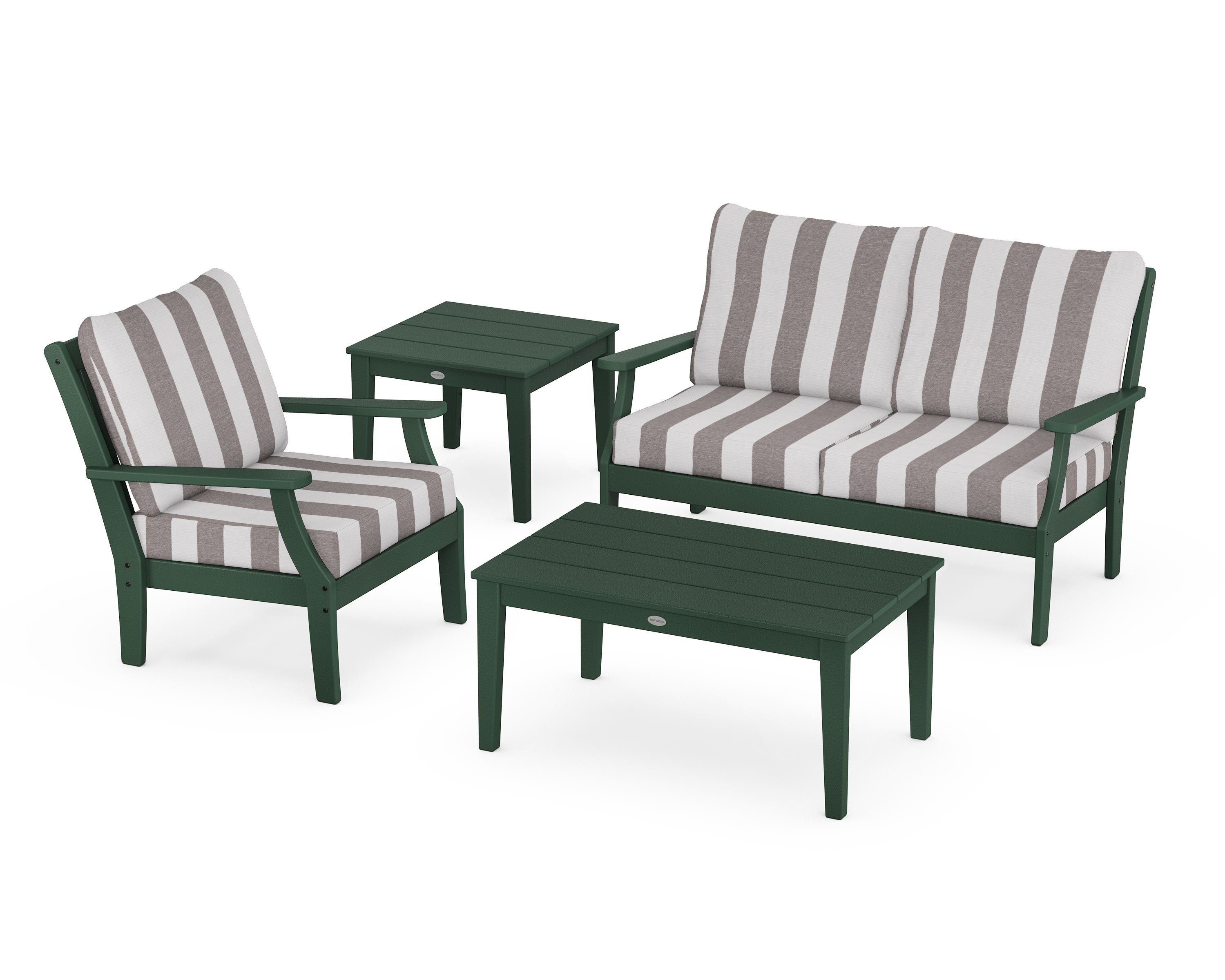 POLYWOOD® Braxton 4-Piece Deep Seating Set in Green / Cabana Stripe Grey Mist