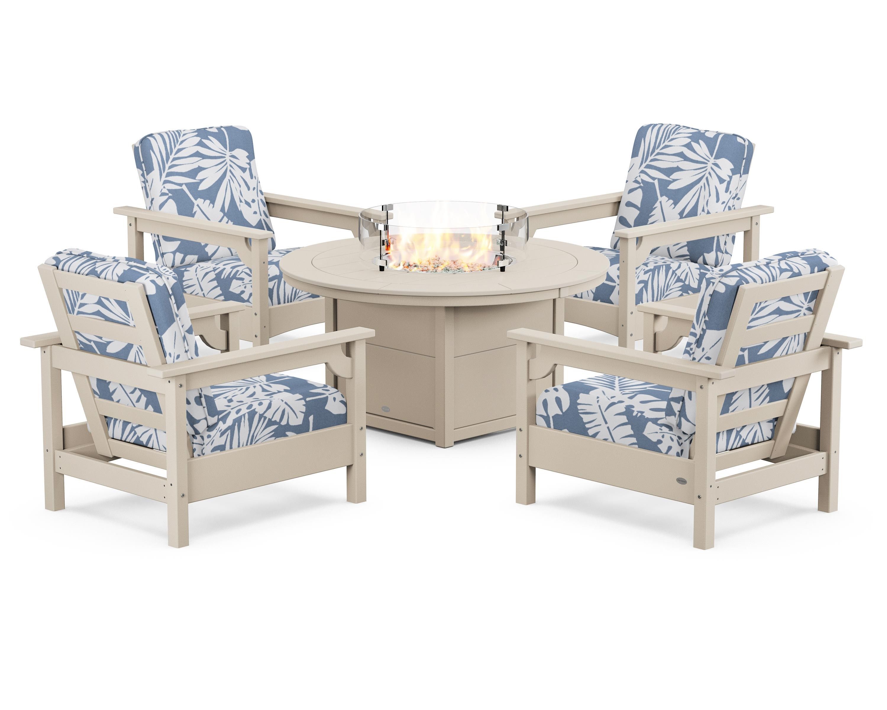 POLYWOOD® Club 5-Piece Conversation Set with Fire Pit Table in Sand / Leaf Sky Blue