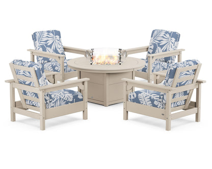 POLYWOOD® Club 5-Piece Conversation Set with Fire Pit Table in Sand / Leaf Sky Blue