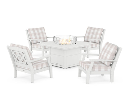 Martha Stewart by POLYWOOD® Chinoiserie 5-Piece Deep Seating Set with Fire Pit Table in White / Buffalo Plaid Dune Burlap