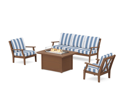 POLYWOOD® Braxton Deep Seating Fire Pit Table Set in Teak / Cabana Stripe Sky Blue