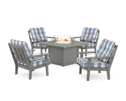 POLYWOOD® Oxford 5-Piece Deep Seating Set with Fire Pit Table in Slate Grey / Buffalo Plaid Sky Blue