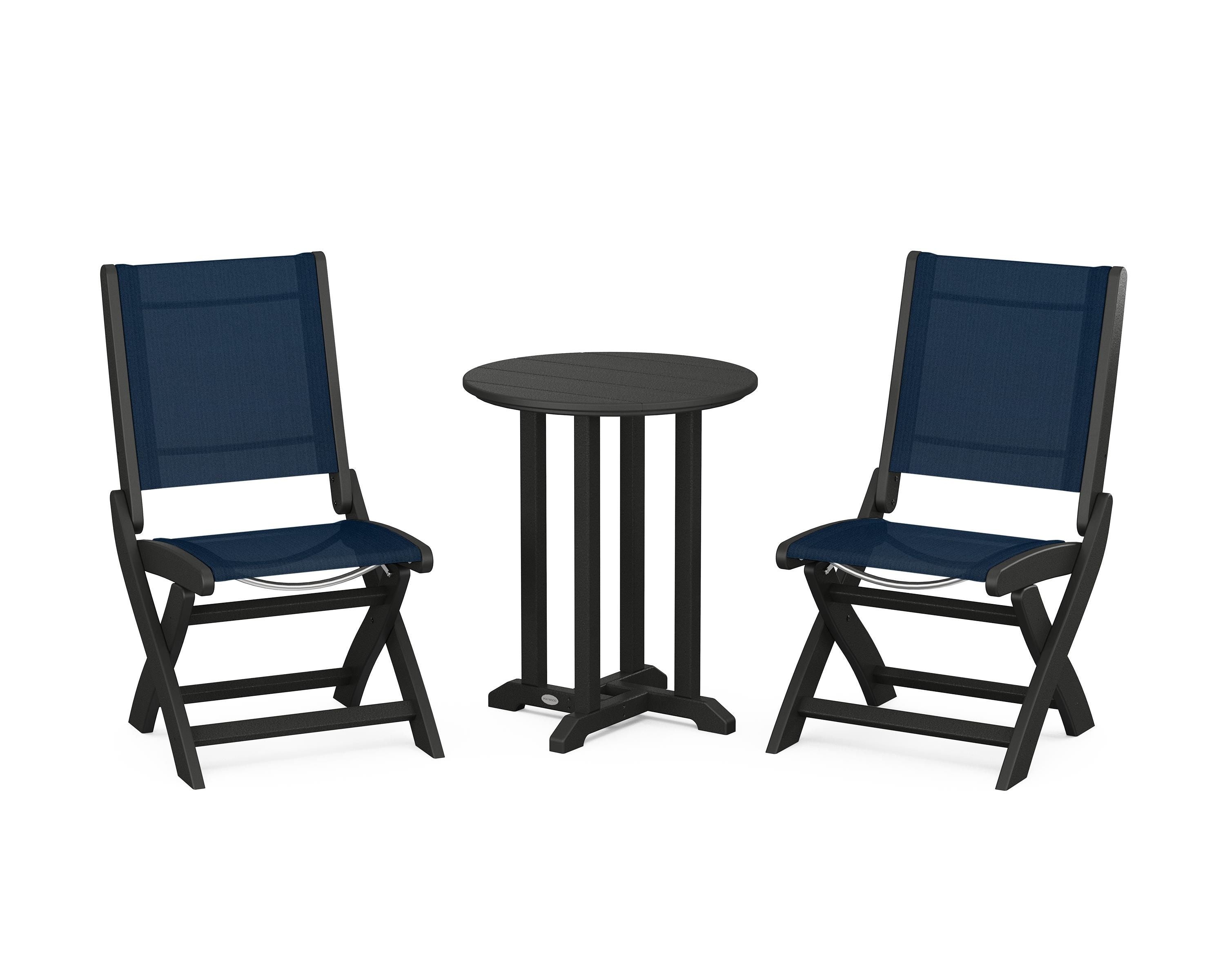 POLYWOOD® Coastal Folding Side Chair 3-Piece Round Bistro Dining Set in Black / Navy Blue Sling