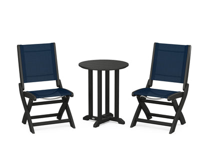 POLYWOOD® Coastal Folding Side Chair 3-Piece Round Bistro Dining Set in Black / Navy Blue Sling
