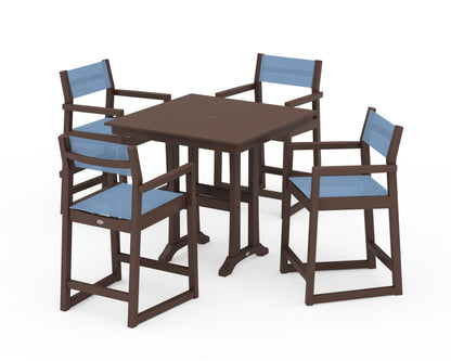 POLYWOOD® EDGE Sling Arm Chair 5-Piece Farmhouse Counter Set with Trestle Legs in Mahogany / Poolside Sling