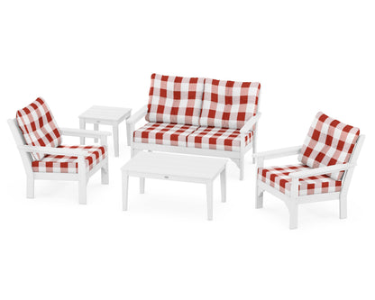 POLYWOOD® Vineyard 5-Piece Deep Seating Set in White / Buffalo Plaid Crimson