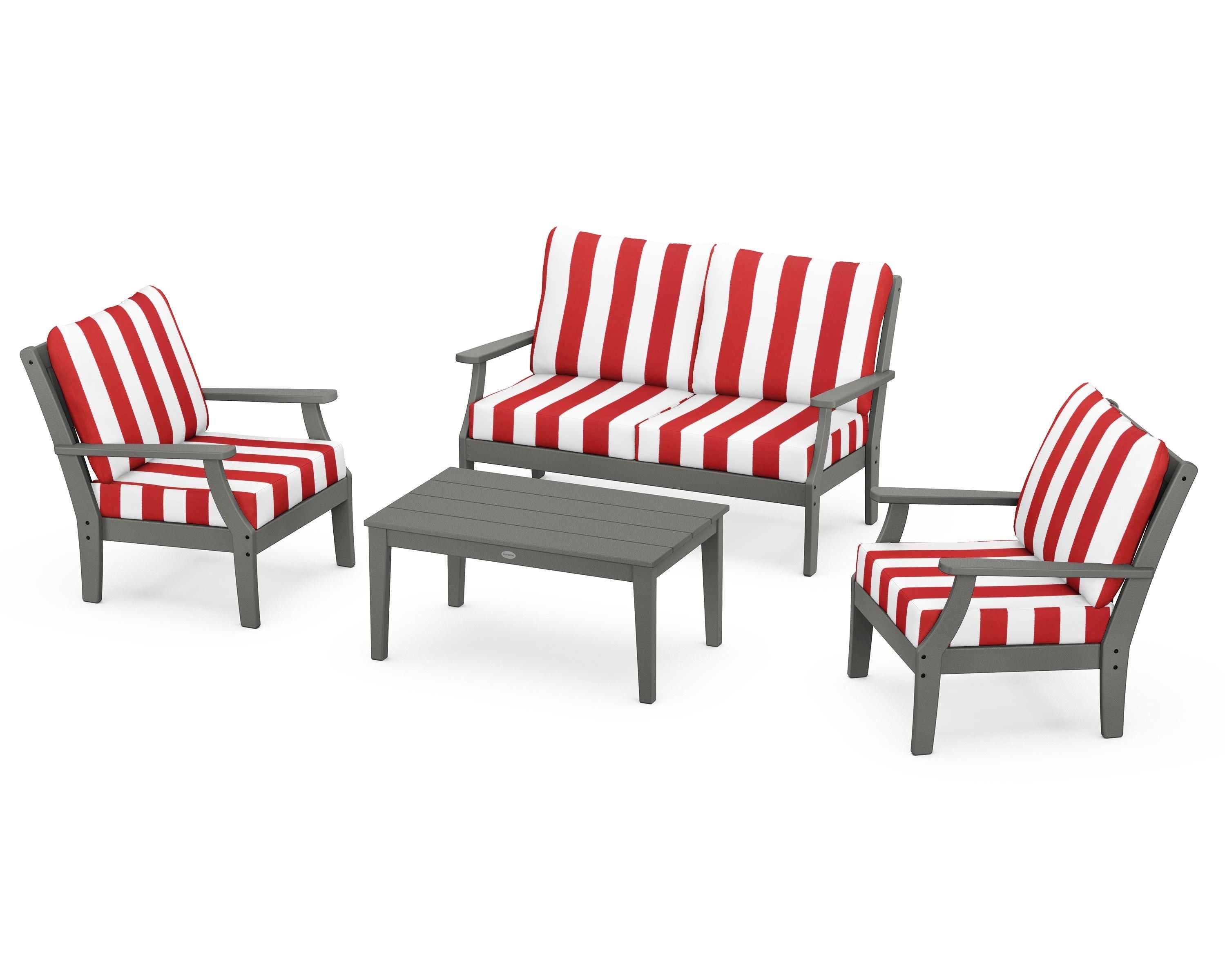 POLYWOOD® Braxton 4-Piece Deep Seating Chair Set in Slate Grey / Cabana Stripe Crimson