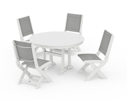 POLYWOOD® Coastal Folding Side Chair 5-Piece Round Dining Set With Trestle Legs in White / Metallic Sling