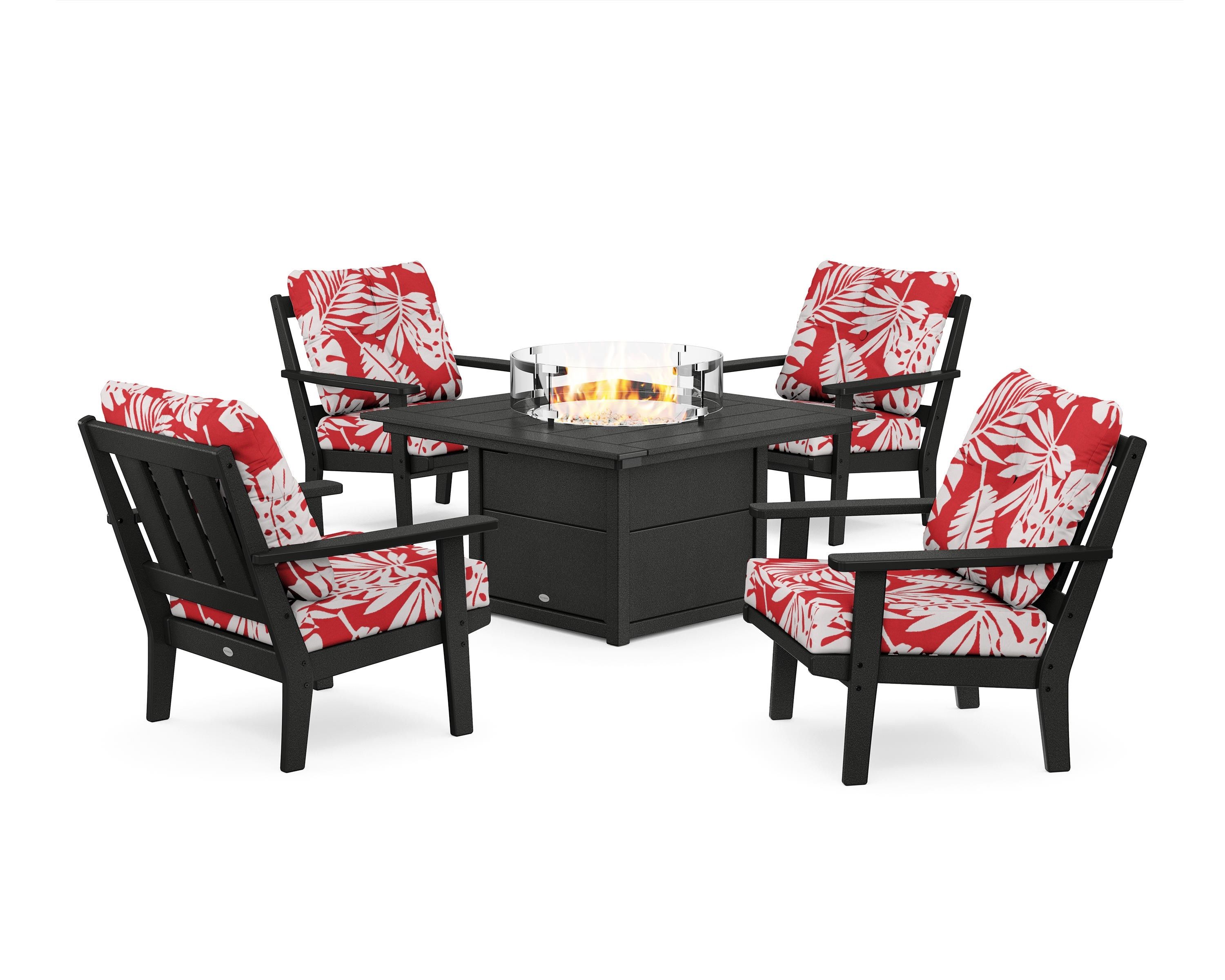 POLYWOOD® Oxford 5-Piece Deep Seating Set with Fire Pit Table in Black / Leaf Crimson