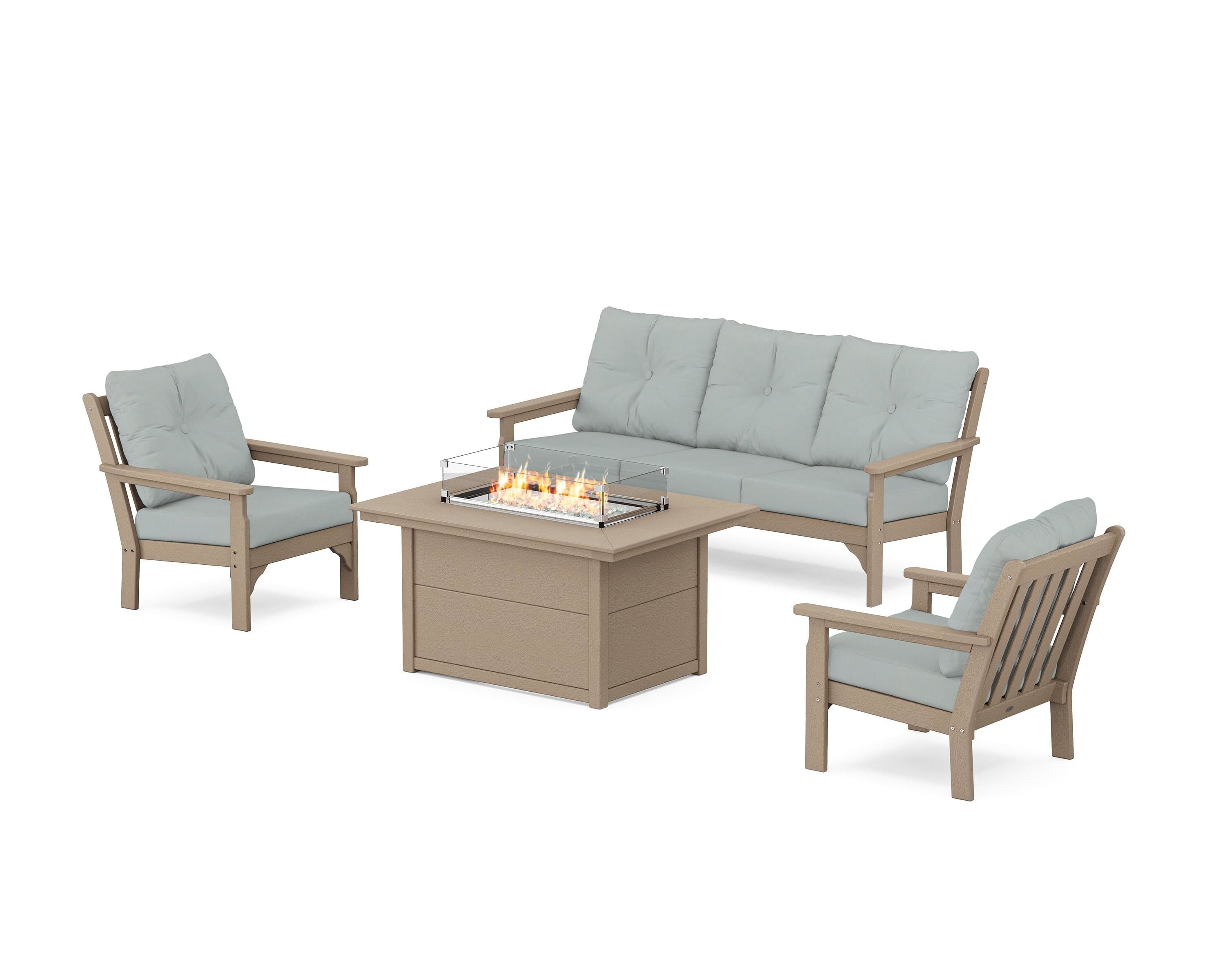 POLYWOOD® Vineyard Deep Seating Fire Pit Table Set in Vintage Sahara / Spa