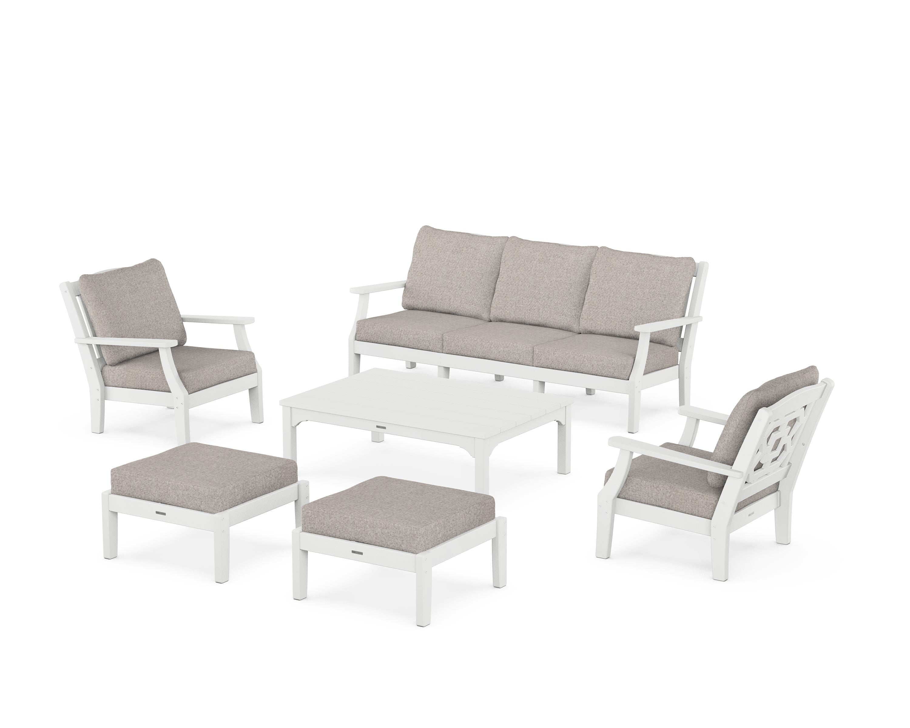 Martha Stewart by POLYWOOD® Chinoiserie 6-Piece Lounge Sofa Set in White / Weathered Tweed
