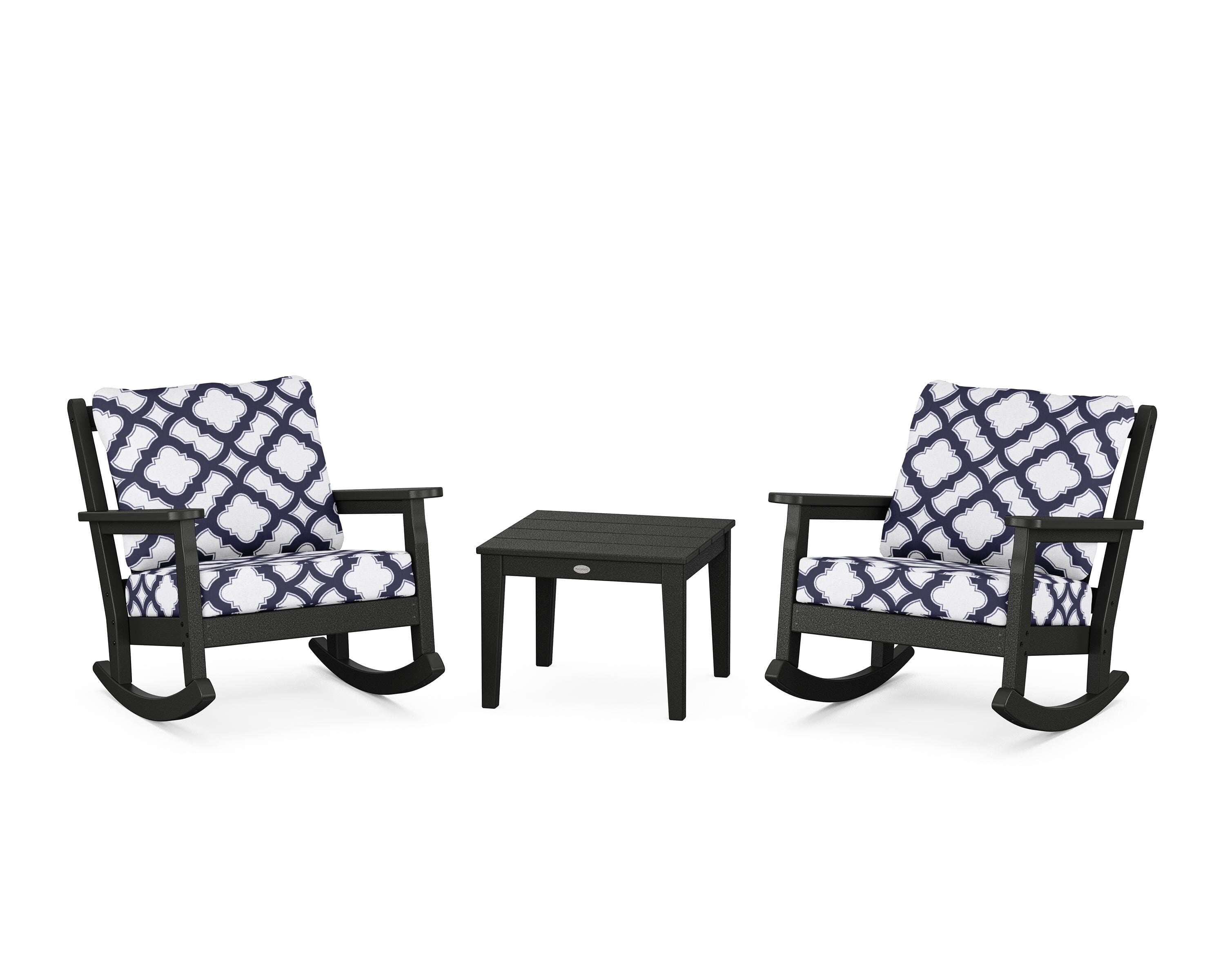 POLYWOOD® Chippendale 3-Piece Deep Seating Rocker Set in Black / Trellis Navy