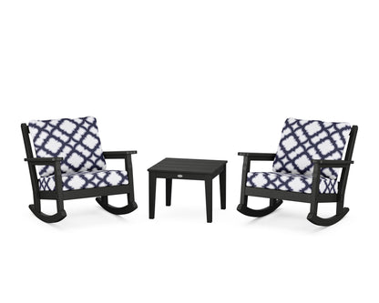POLYWOOD® Chippendale 3-Piece Deep Seating Rocker Set in Black / Trellis Navy