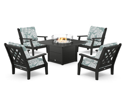 Country Living Wovendale 5-Piece Deep Seating Set with Fire Pit Table in Black / Leaf Glacier Spa