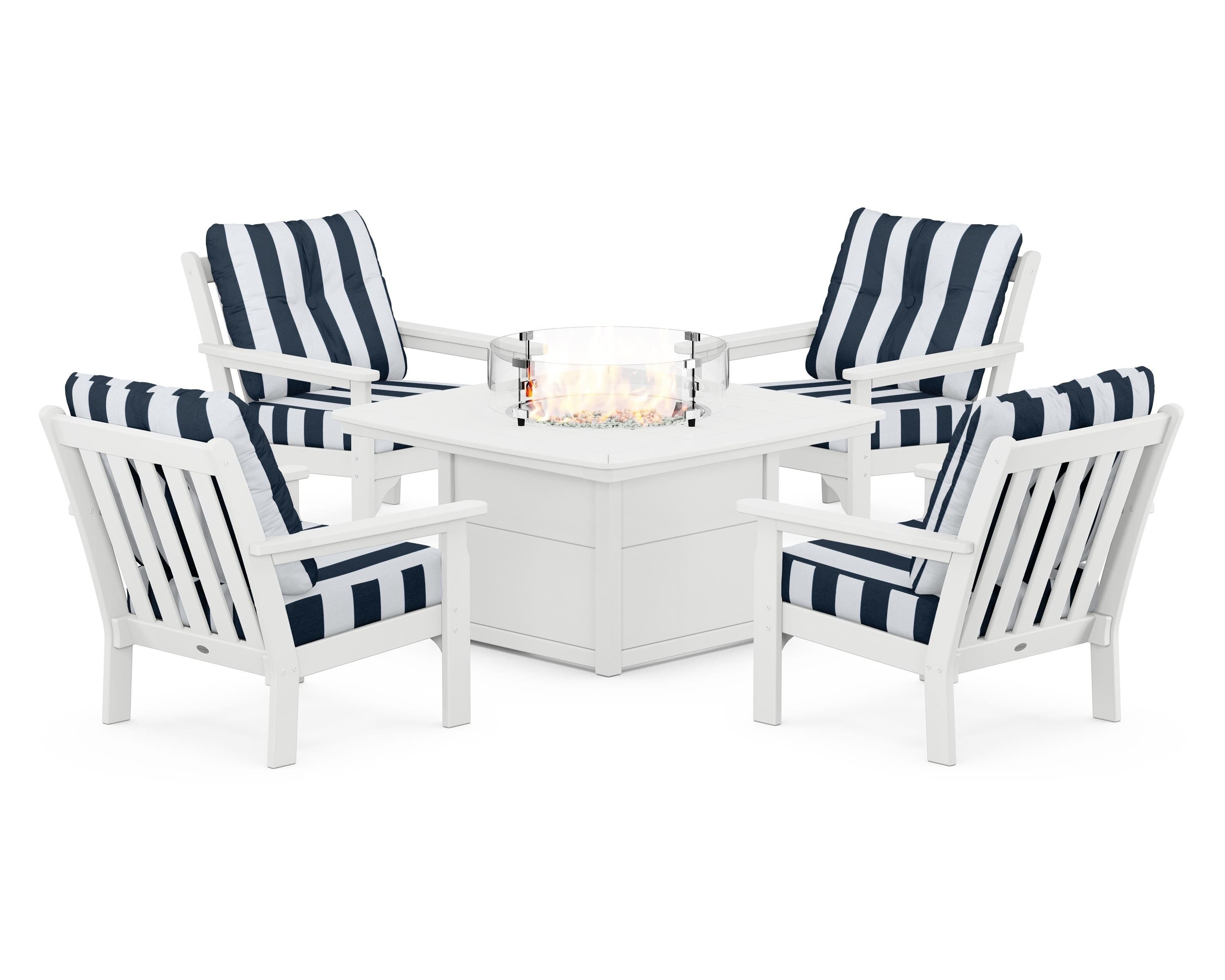POLYWOOD® Vineyard 5-Piece Conversation Set with Fire Pit Table in White / Cabana Stripe Marine Indigo