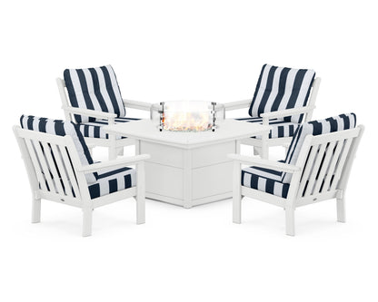 POLYWOOD® Vineyard 5-Piece Conversation Set with Fire Pit Table in White / Cabana Stripe Marine Indigo