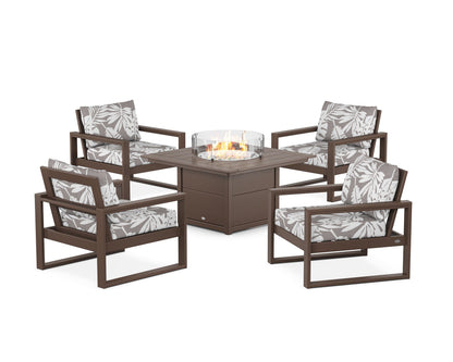POLYWOOD® EDGE Sectional 5-Piece Deep Seating Set with Fire Pit Table in Mahogany / Leaf Grey Mist