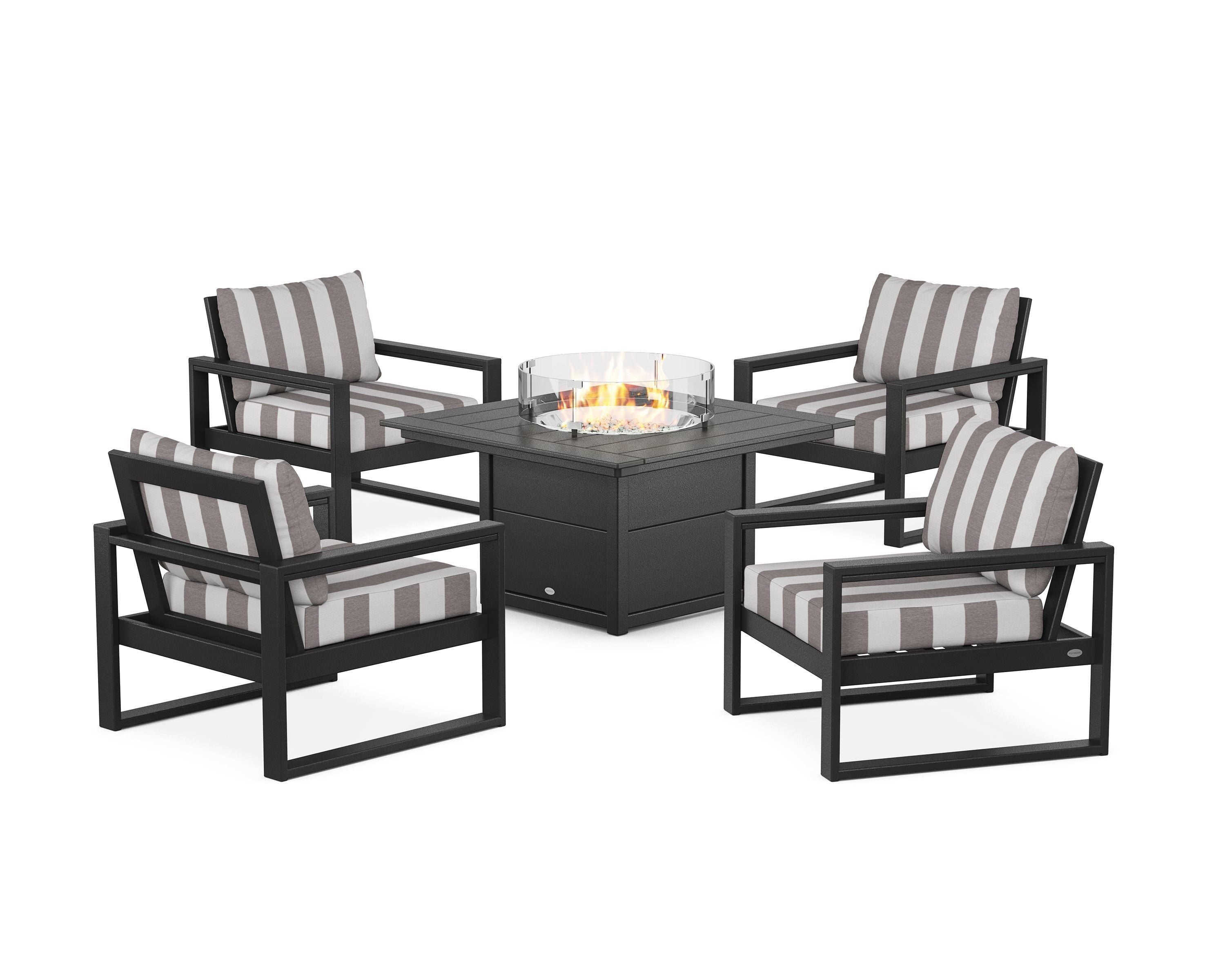 POLYWOOD® EDGE Sectional 5-Piece Deep Seating Set with Fire Pit Table in Black / Cabana Stripe Grey Mist
