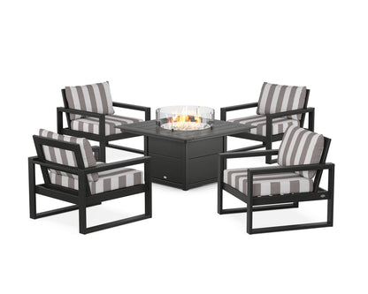 POLYWOOD® EDGE Sectional 5-Piece Deep Seating Set with Fire Pit Table in Black / Cabana Stripe Grey Mist