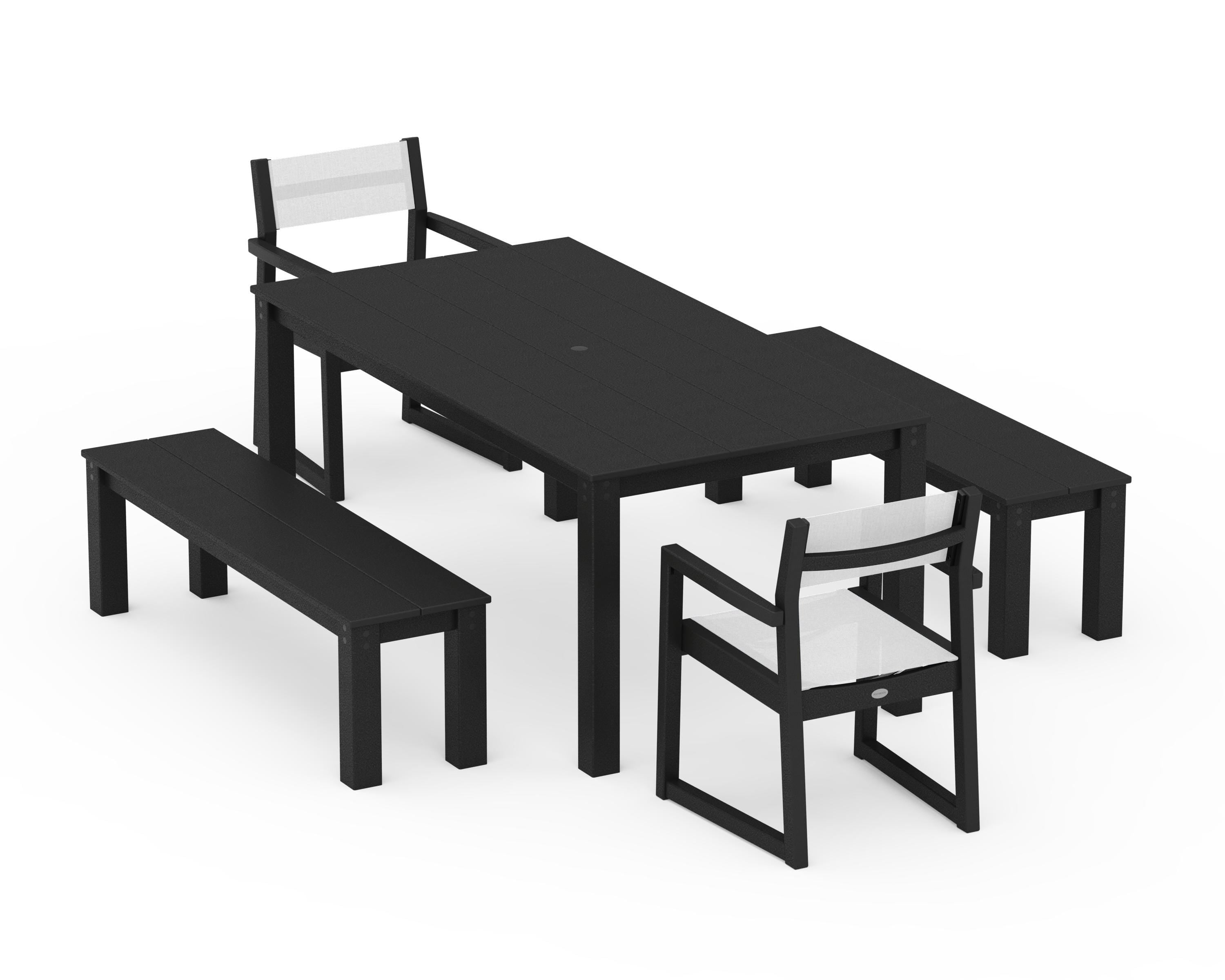 POLYWOOD® EDGE Sling Arm Chair 5-Piece Parsons Dining Set with Benches in Black / White Sling