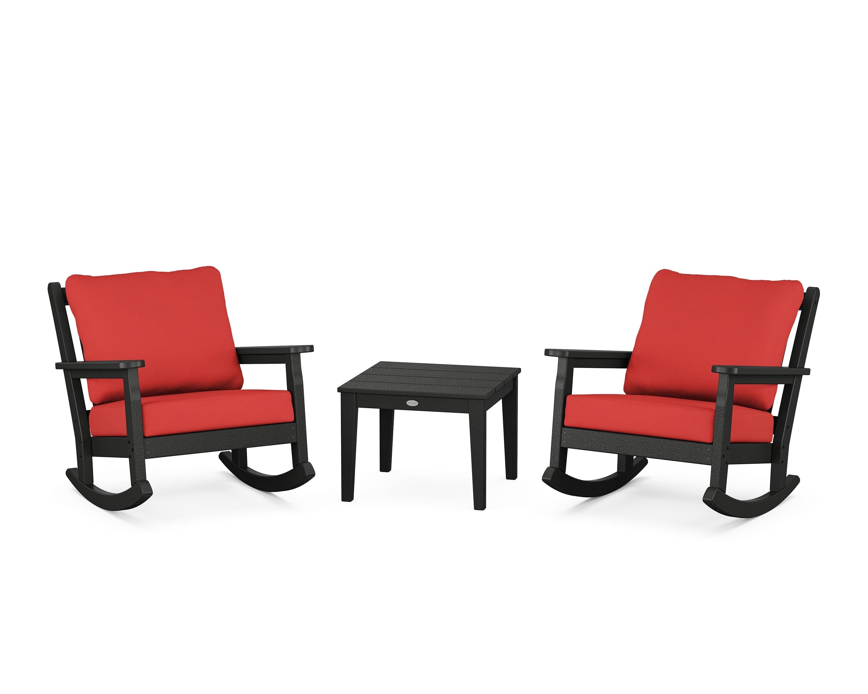 POLYWOOD® Chippendale 3-Piece Deep Seating Rocker Set in Black / Crimson Linen