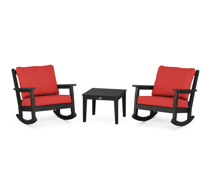 POLYWOOD® Chippendale 3-Piece Deep Seating Rocker Set in Black / Crimson Linen