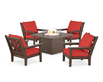 POLYWOOD® Chippendale 5-Piece Deep Seating Set with Fire Pit Table in Mahogany / Crimson Linen