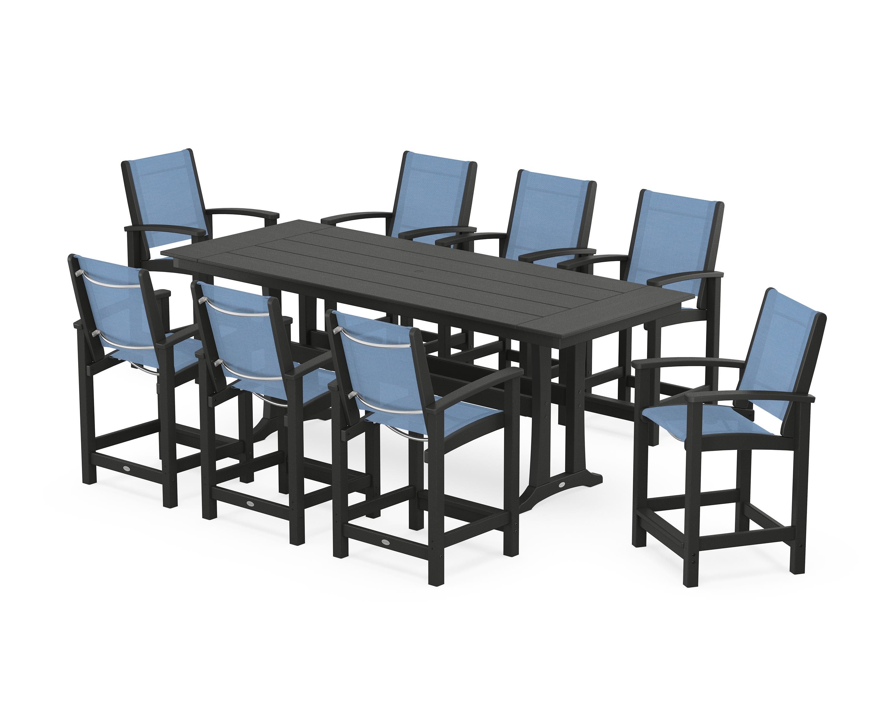 POLYWOOD® Coastal 9-Piece Farmhouse Counter Set with Trestle Legs in Black / Poolside Sling