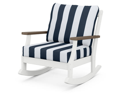 POLYWOOD® Braxton Deep Seating Rocking Chair in White / Kona / Cabana Stripe Marine Indigo