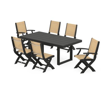 POLYWOOD® Coastal Folding Chair 7-Piece Dining Set with Trestle Legs in Black / Dupioni Apricot Sling