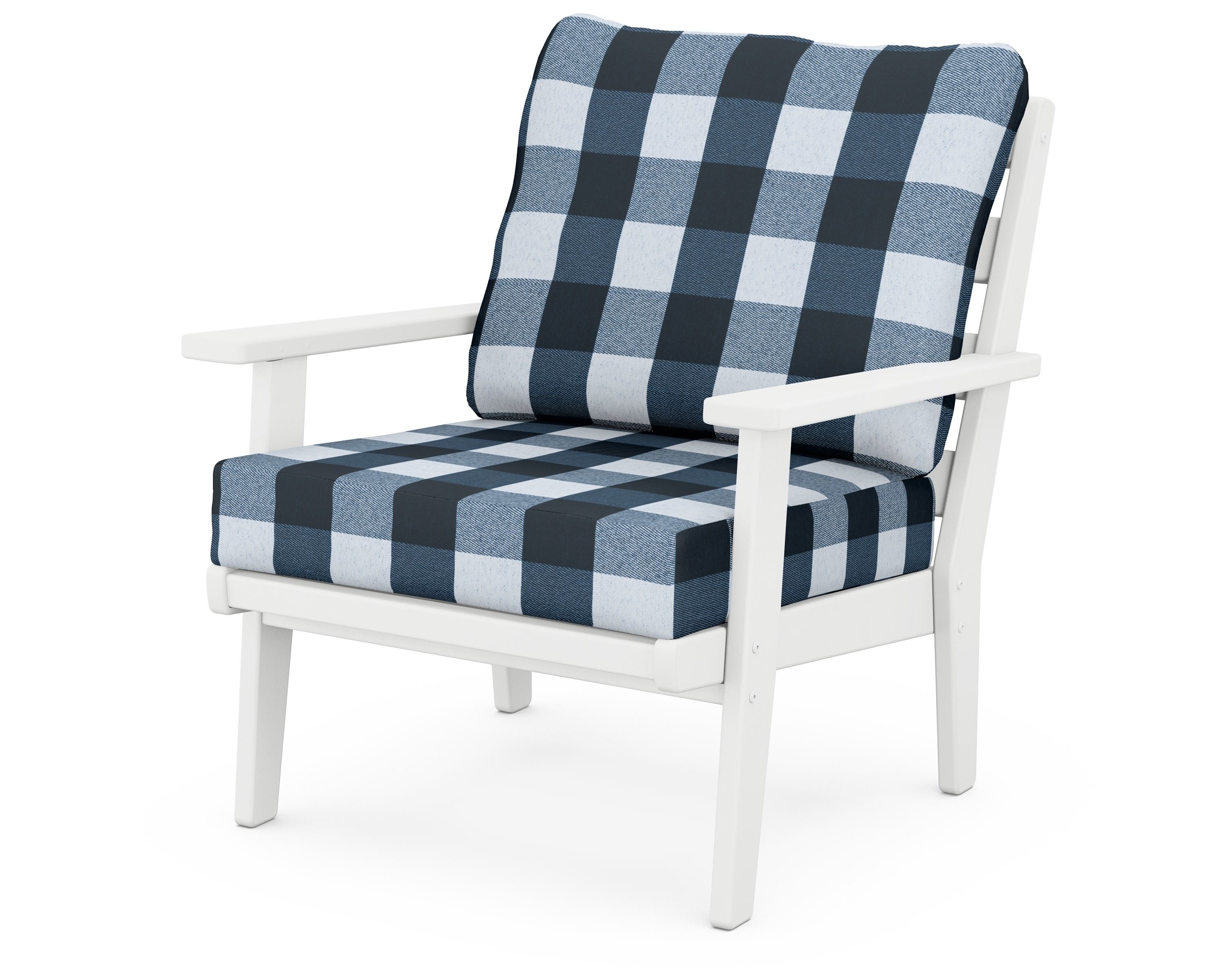 POLYWOOD® Grant Park Deep Seating Chair in White / Buffalo Plaid Marine Indigo