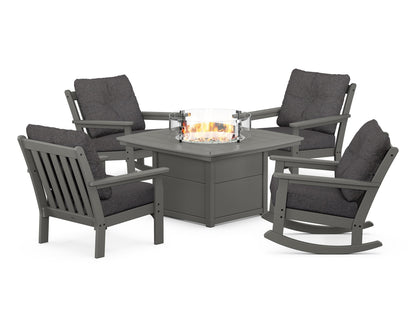 POLYWOOD® Vineyard 5-Piece Deep Seating Rocking Chair Conversation Set with Fire Pit Table in Slate Grey / Ash Charcoal