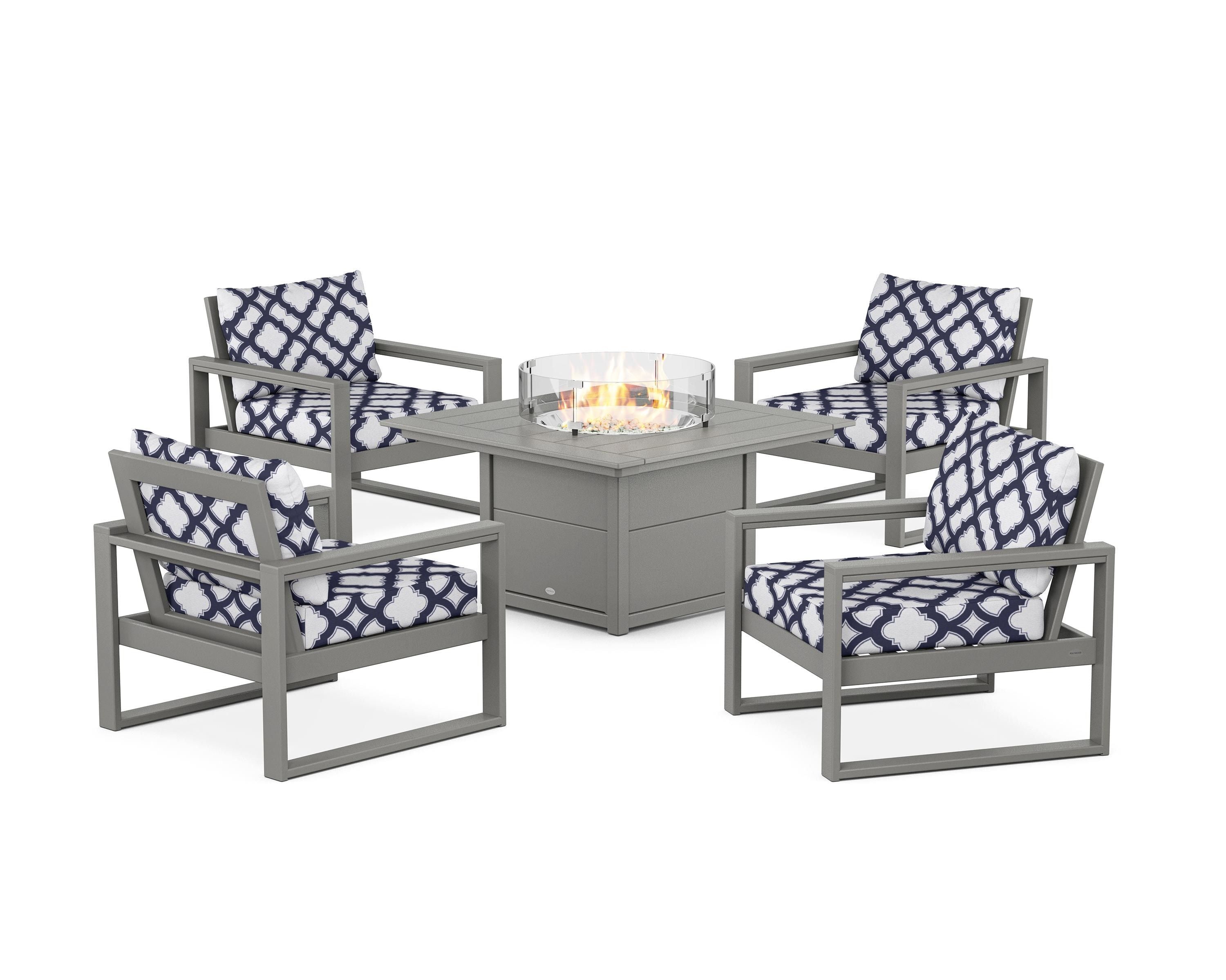 POLYWOOD® EDGE Sectional 5-Piece Deep Seating Set with Fire Pit Table in Slate Grey / Trellis Navy