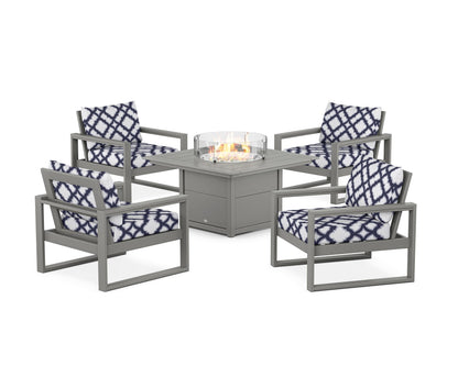 POLYWOOD® EDGE Sectional 5-Piece Deep Seating Set with Fire Pit Table in Slate Grey / Trellis Navy