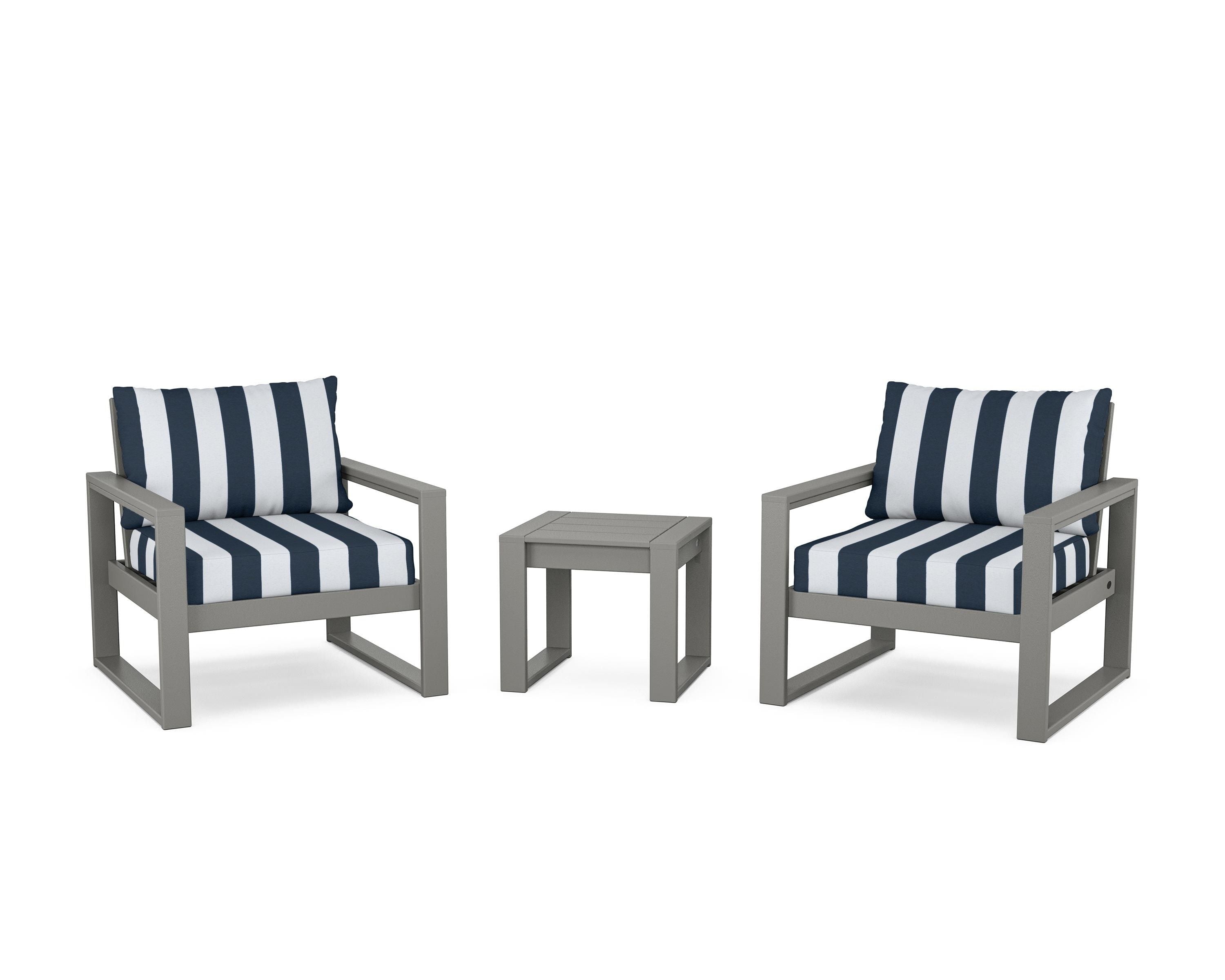 POLYWOOD® EDGE Sectional 3-Piece Deep Seating Set in Slate Grey / Cabana Stripe Marine Indigo