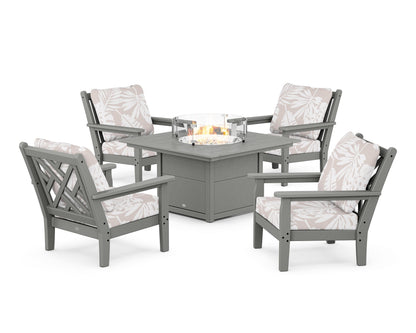 POLYWOOD® Chippendale 5-Piece Deep Seating Set with Fire Pit Table in Slate Grey / Leaf Dune Burlap