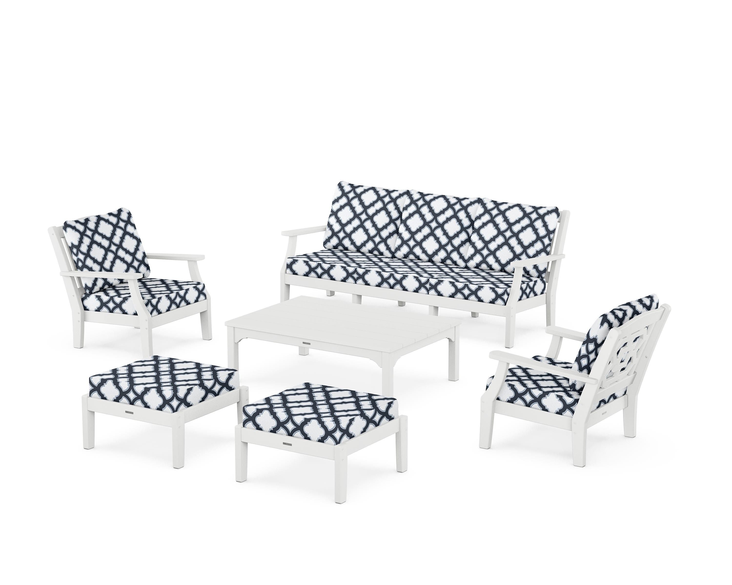 Martha Stewart by POLYWOOD® Chinoiserie 6-Piece Lounge Sofa Set in White / Trellis Marine Indigo