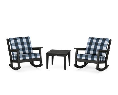 POLYWOOD® Chippendale 3-Piece Deep Seating Rocker Set in Black / Buffalo Plaid Marine Indigo
