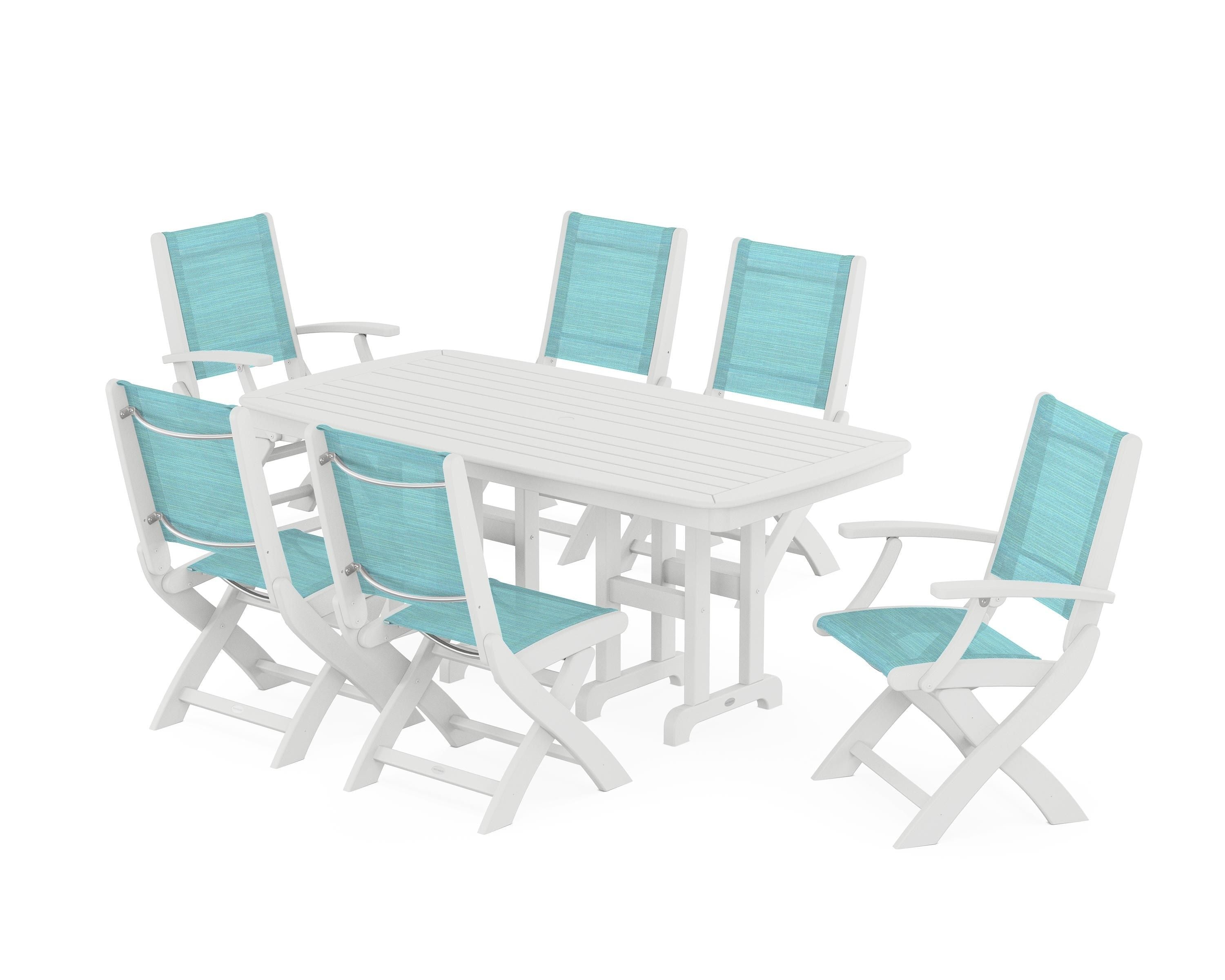 POLYWOOD® Coastal Folding Chair 7-Piece Dining Set in White / Dupioni Aquamarine Sling