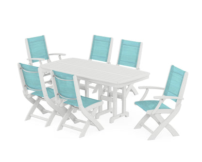POLYWOOD® Coastal Folding Chair 7-Piece Dining Set in White / Dupioni Aquamarine Sling