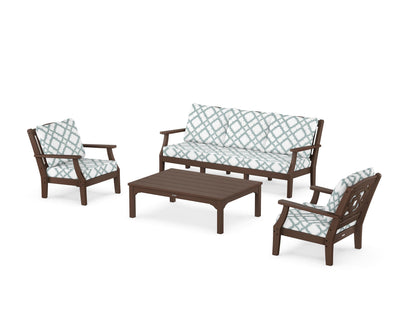 Martha Stewart by POLYWOOD® Chinoiserie 4-Piece Deep Seating Set with Sofa in Mahogany / Trellis Glacier Spa