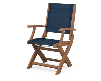 POLYWOOD® Coastal Folding Chair in Teak / Navy Blue Sling