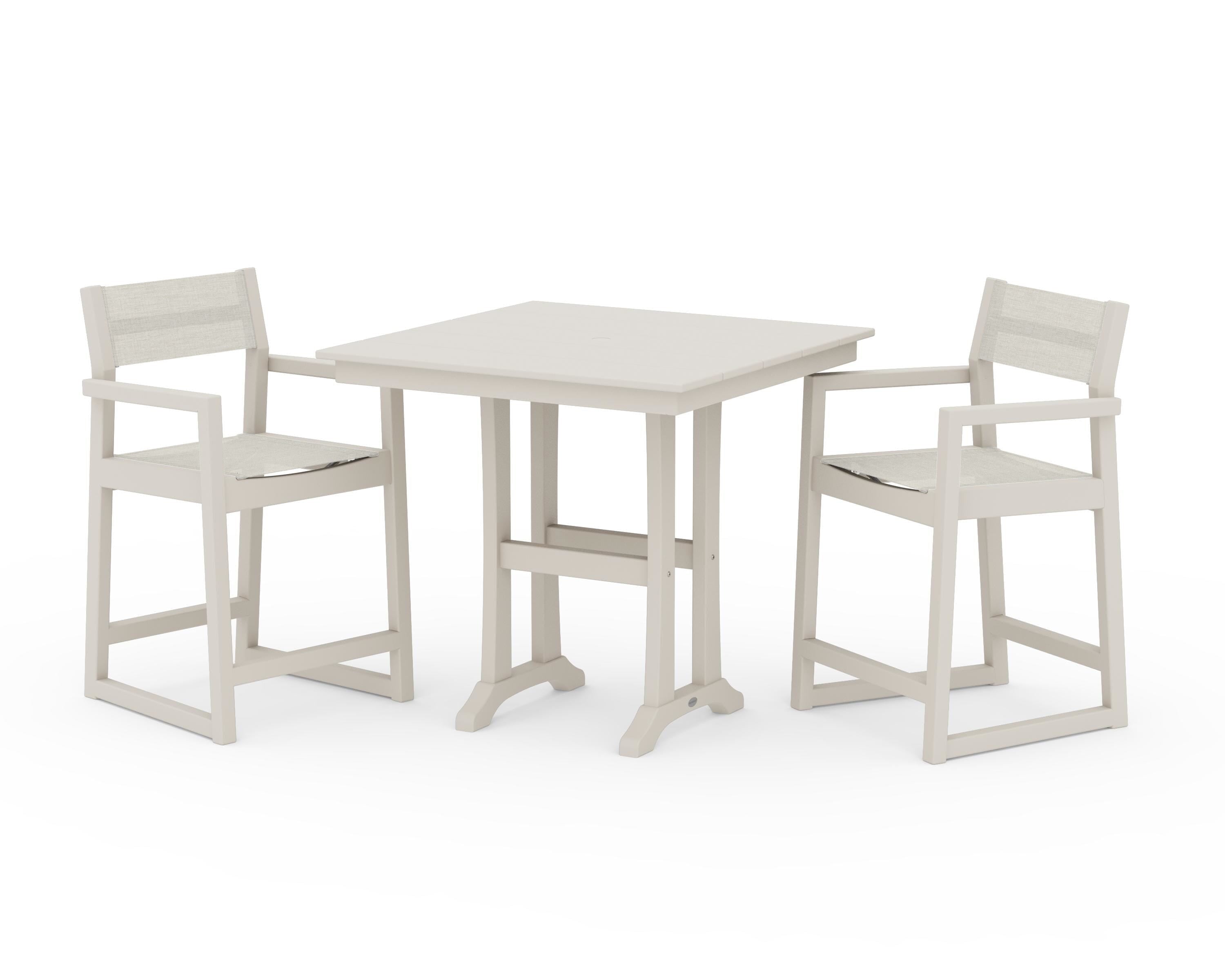 POLYWOOD® EDGE Sling Arm Chair 3-Piece Farmhouse Counter Set with Trestle Legs in Sand / Parchment Sling