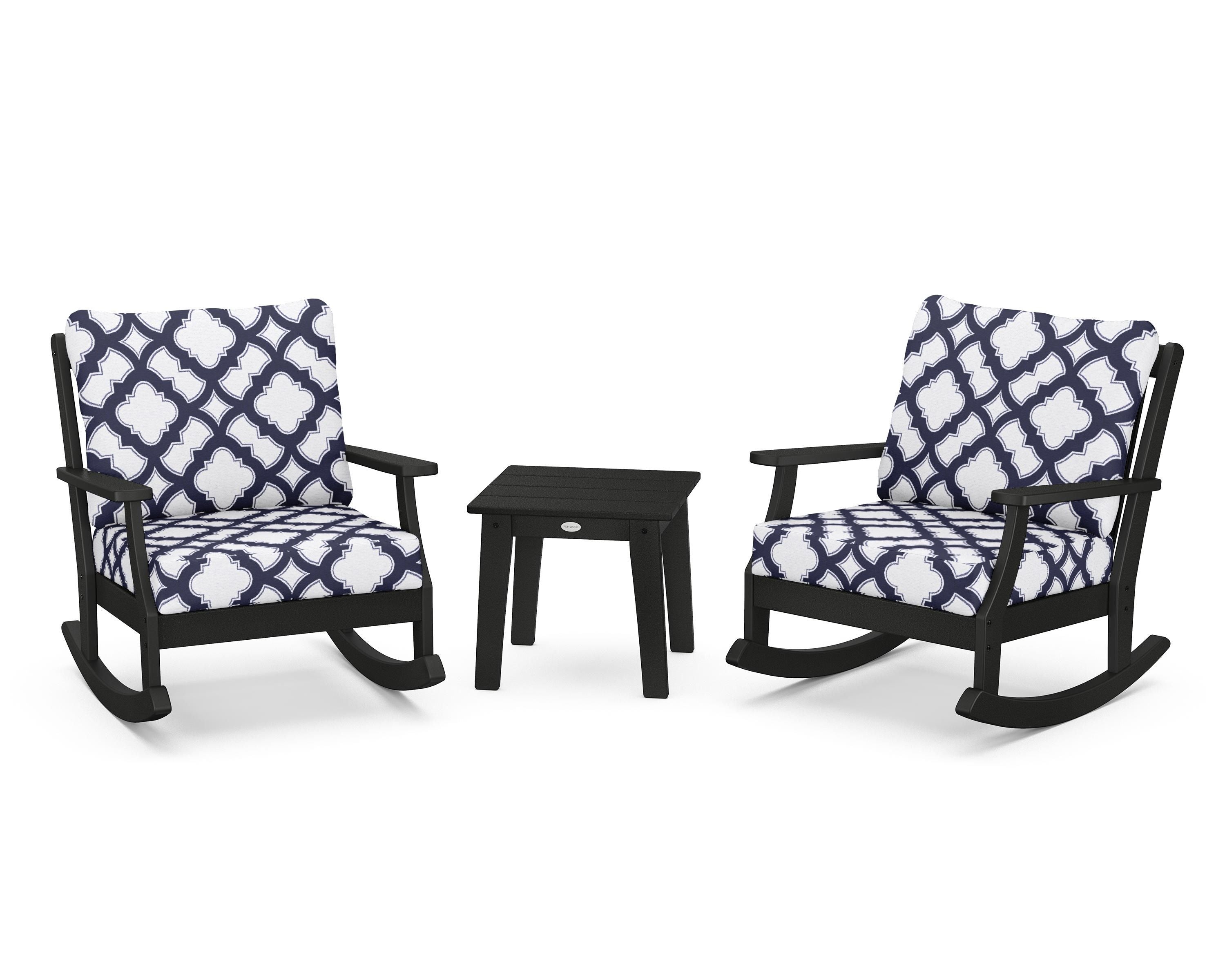 POLYWOOD® Braxton 3-Piece Deep Seating Rocker Set in Black / Trellis Navy