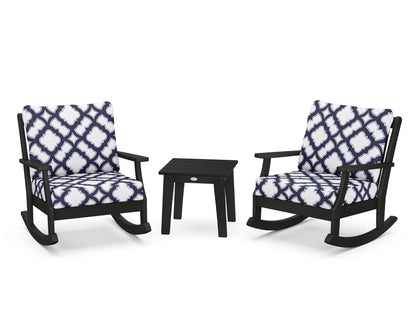 POLYWOOD® Braxton 3-Piece Deep Seating Rocker Set in Black / Trellis Navy